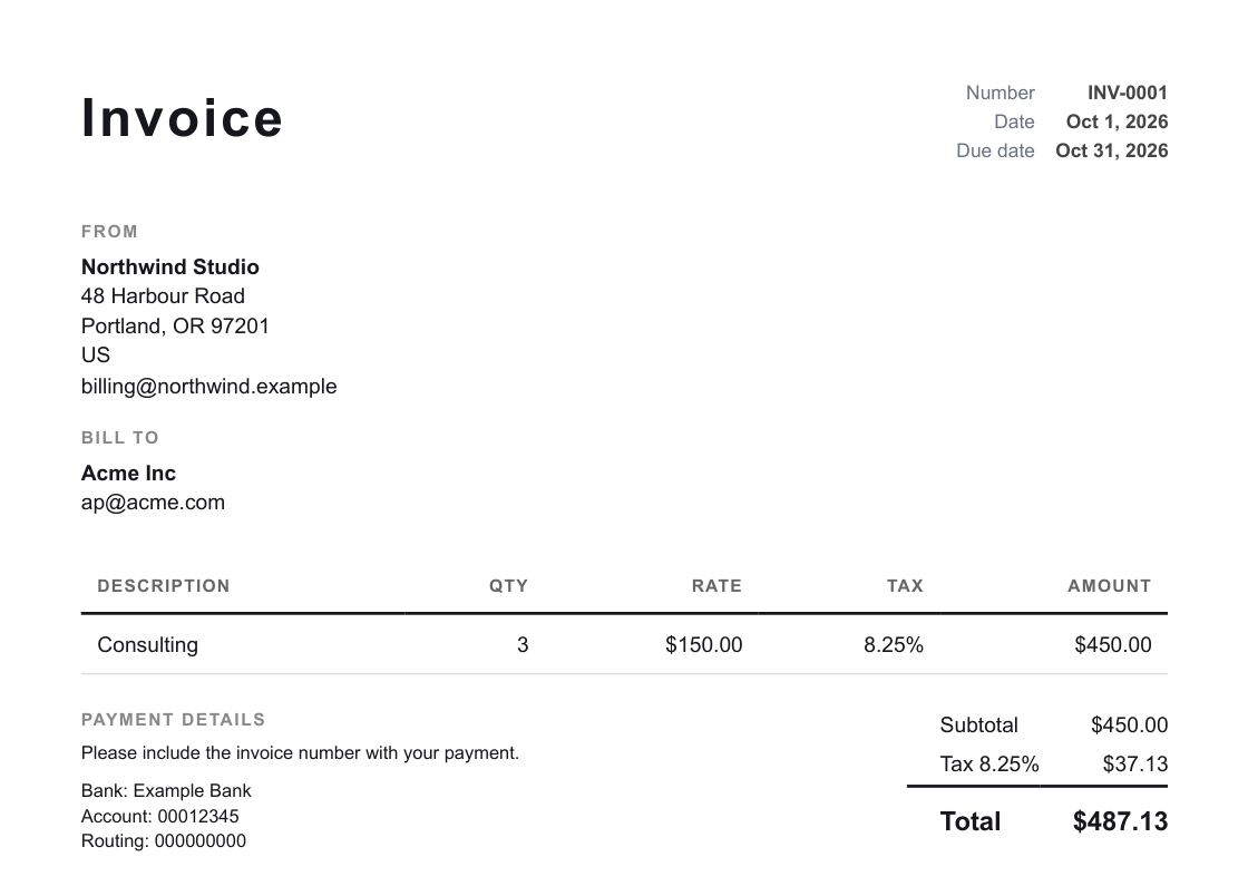 The first page of an invoice rendered from the example request, down to its totals